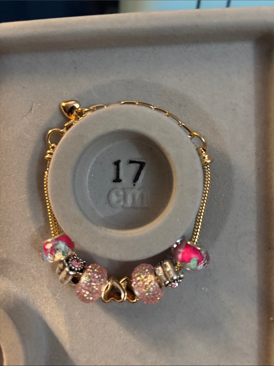 Jewelry - Gold Tone Women's Charm Bracelet with Pink Floral and Sparkle Beads